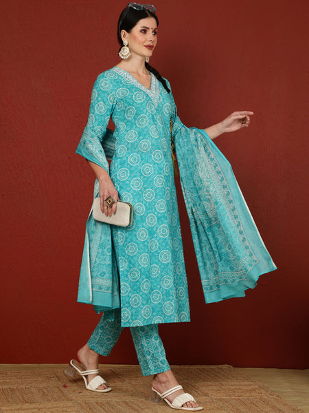 Cotton Calf Length Printed Straight 3/4 Sleeves V-Neck Kurta Bottom Dupatta Set