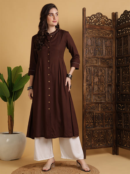 Brown Rayon Calf Length Solid A-Line Mandarin Neck Kurta