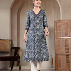 Gulmohar Jaipur Cotton Calf Length Printed 3/4 Sleeves V-Neck Straight Kurta