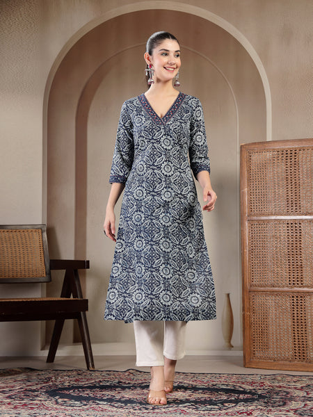 Gulmohar Jaipur Cotton Calf Length Printed 3/4 Sleeves V-Neck Straight Kurta