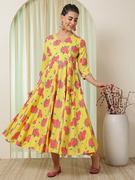 Yellow Rayon Calf Length Printed Flared V-Neck Kurta