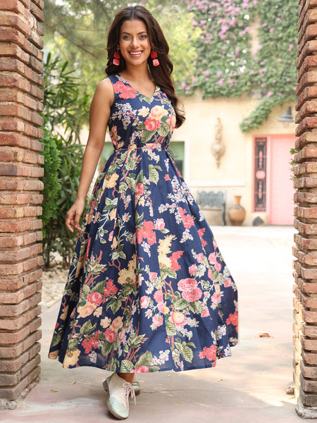 Blue Cotton Ankle Length Printed Flared V-Neck Dress