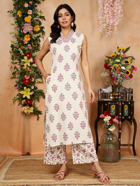 Pink Cotton Calf Length Printed Collared Straight Kurta Palazzo Set