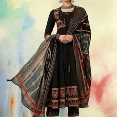 Black Pure Cotton Printed Embroidered Anarkali Kurta Suit Set