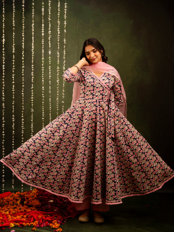 Navy Cotton Calf Length Printed Flared Angrakha Kurta Suit Set