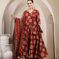 Gulmohar Jaipur Cotton Calf Length Printed 3/4 Sleeve V-Neck Anarkali Kurta Suit Set