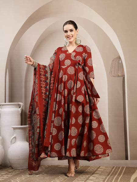 Gulmohar Jaipur Cotton Calf Length Printed 3/4 Sleeve V-Neck Anarkali Kurta Suit Set