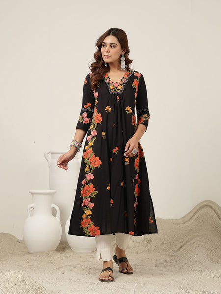 Rayon Calf Length Printed 3/4 Sleeve V-Neck Flared Kurta