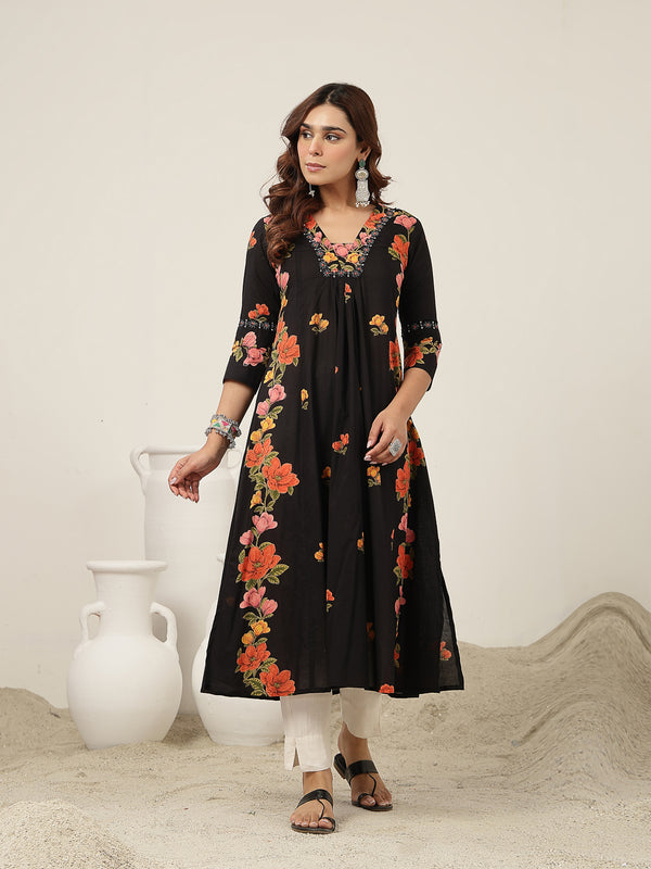 Rayon Calf Length Printed 3/4 Sleeve V-Neck Flared Kurta