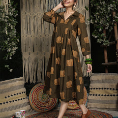 Gulmohar Jaipur Cotton Calf Length Printed Full Sleeve Shirt Collar Flared Dress