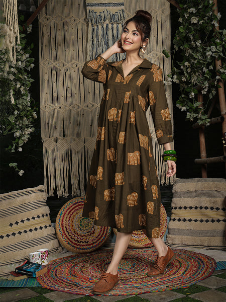 Gulmohar Jaipur Cotton Calf Length Printed Full Sleeve Shirt Collar Flared Dress