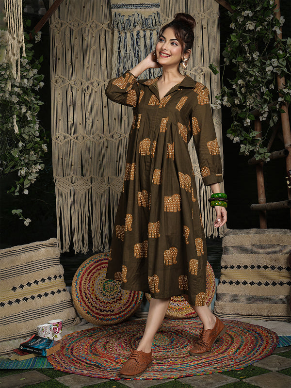Gulmohar Jaipur Cotton Calf Length Printed Full Sleeve Shirt Collar Flared Dress