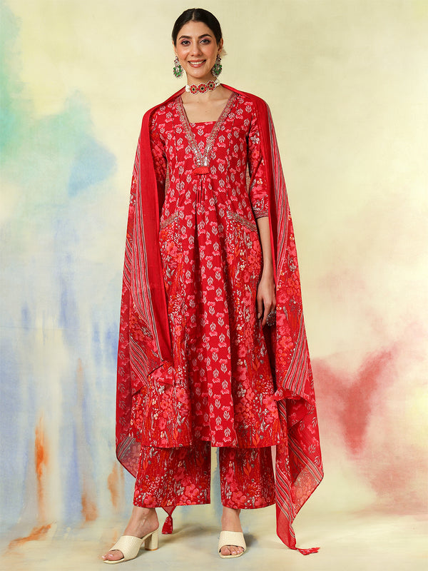 Black Pure Cotton Printed Embroidered Semi-Flared Kurta Suit Set