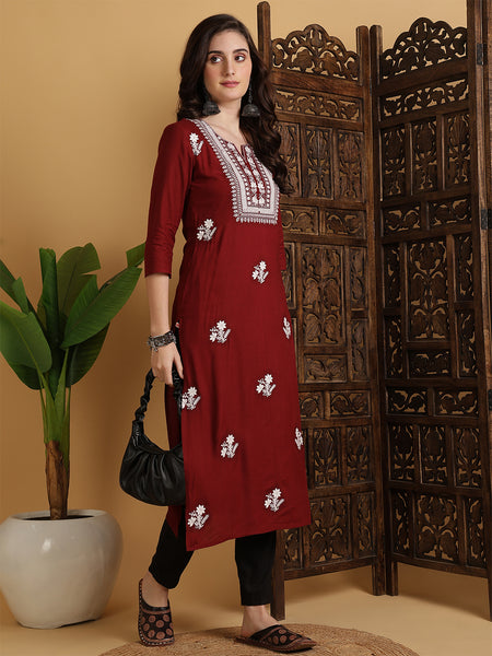 Maroon Rayon Embroidered Calf Length Solid Straight Round Neck Kurta