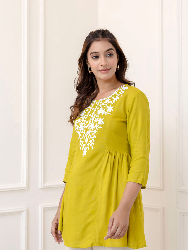 Lime Rayon Hip Length Solid Round Neck Solid Embroidered Straight Top