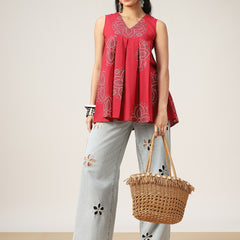 Cotton Hip Length Printed Sleeveless V-Neck Flared Top