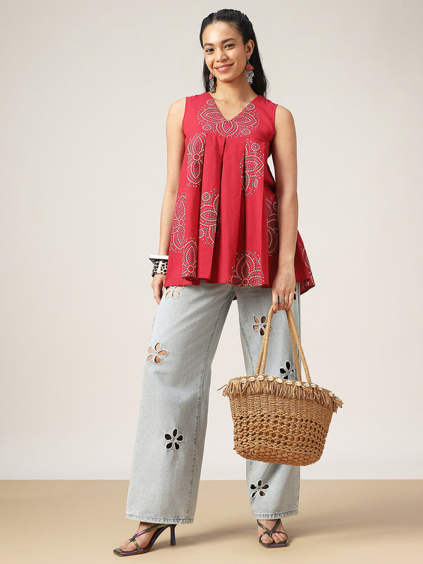 Cotton Hip Length Printed Sleeveless V-Neck Flared Top
