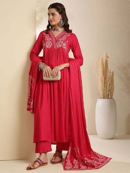 Coral Rayon Solid 3/4 Sleeves V-Neck Semi-Flared Kurta Suit Set