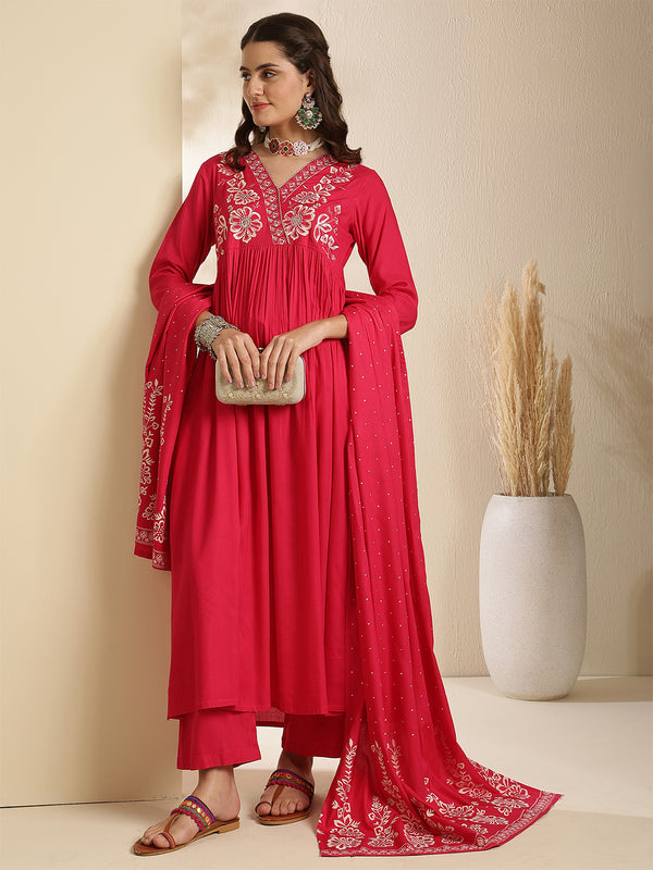 Coral Rayon Solid 3/4 Sleeves V-Neck Semi-Flared Kurta Suit Set