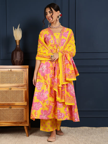 Yellow Cotton Calf Length Printed V-Neck Flared Kurta Suit Set