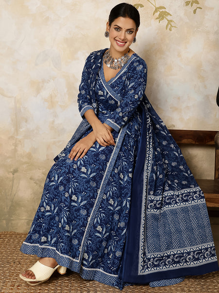 Indigo Cotton Calf Length Printed Flared V-Neck Kurta Suit Set