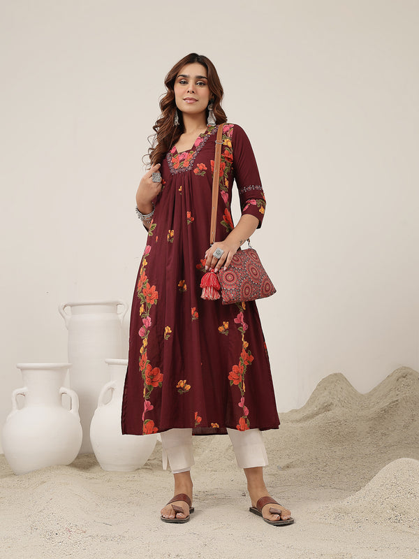 Rayon Calf Length Printed 3/4 Sleeve V-Neck Flared Kurta