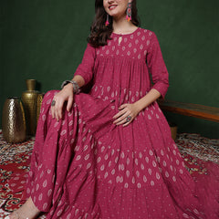 Cotton Calf Length Printed 3/4 Sleeves Key Hole Neck Flared Kurta