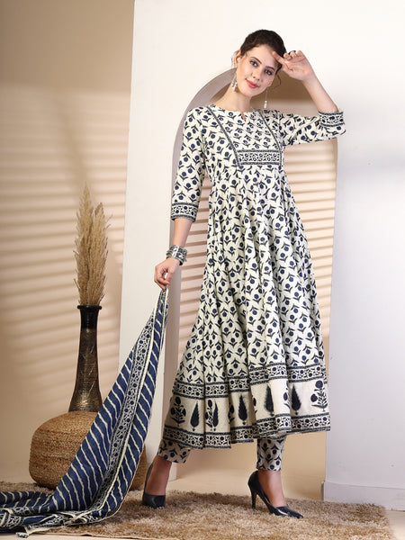 Cotton Calf Length Printed Round Neck Anarkali Kurta Suit Set