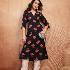 Gulmohar Jaipur Cotton Calf Length Printed 3/4 Sleeve V-Neck Straight Kurta
