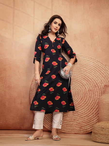 Gulmohar Jaipur Cotton Calf Length Printed 3/4 Sleeve V-Neck Straight Kurta