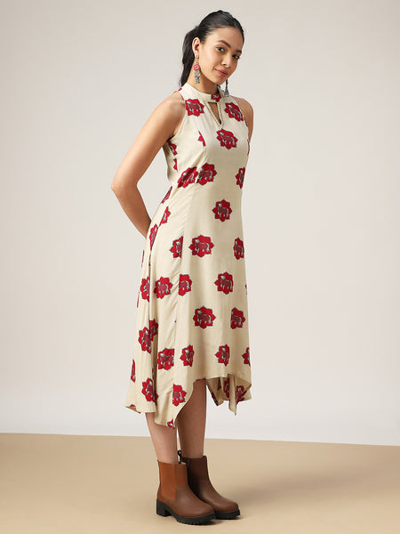 Rayon Calf Length Printed Sleeveless Round Neck Asymmetrical Dress