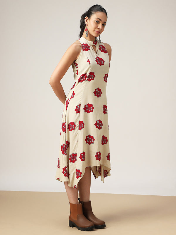 Rayon Calf Length Printed Sleeveless Round Neck Asymmetrical Dress