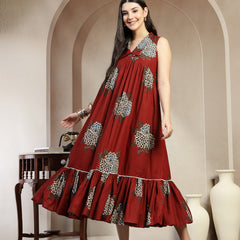 Gulmohar Jaipur Cotton Calf Length Printed Sleeveless Collard Neck Flared Kurta