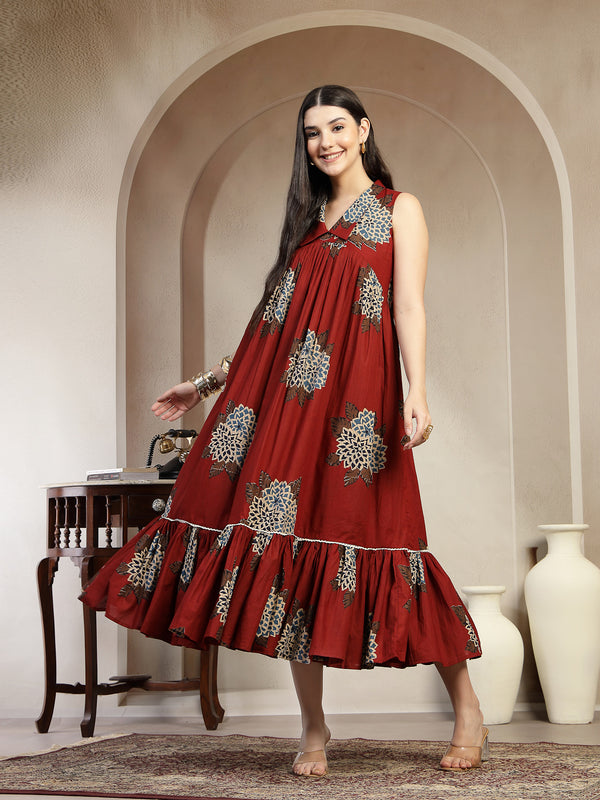 Gulmohar Jaipur Cotton Calf Length Printed Sleeveless Collard Neck Flared Kurta