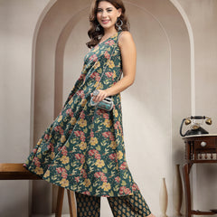 Cotton Calf Length Printed Sleeveless V-Neck Flared Kurta Suit Set
