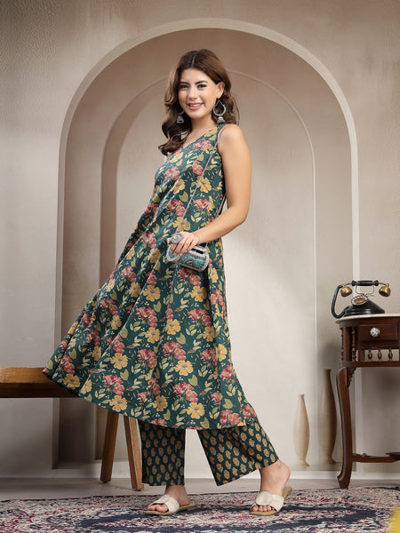 Cotton Calf Length Printed Sleeveless V-Neck Flared Kurta Suit Set