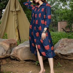 Gulmohar Jaipur Cotton Calf Length Printed Full Sleeve Shirt Collar Flared Dress