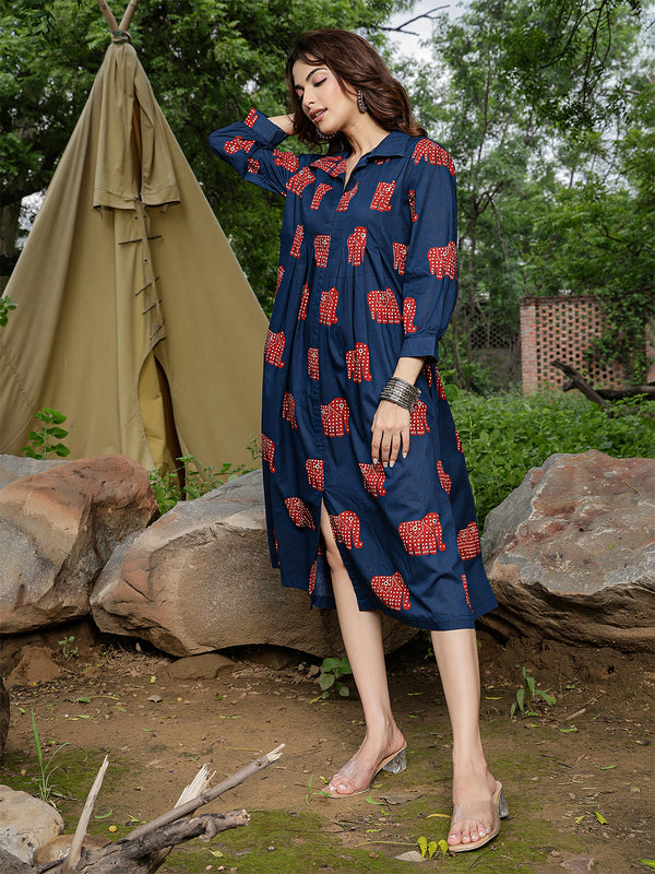 Gulmohar Jaipur Cotton Calf Length Printed Full Sleeve Shirt Collar Flared Dress
