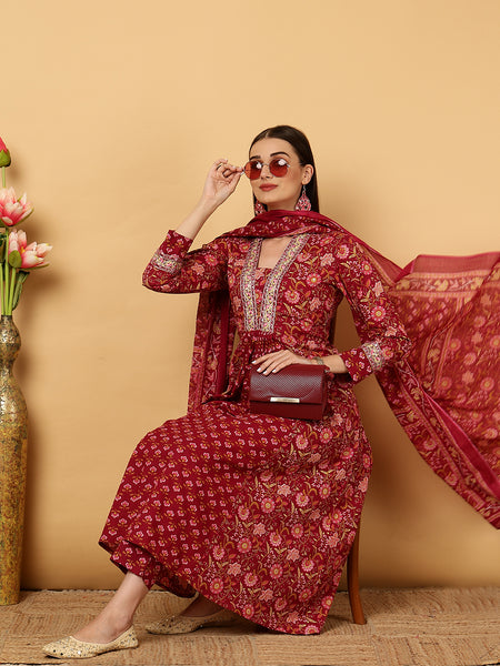 Maroon Calf Length Floral Print Flared V-Neck Kurta Suit Set