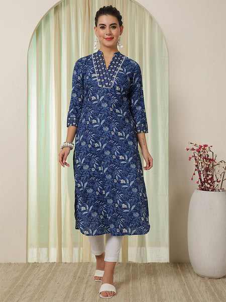 Indigo Cotton Calf Length Printed Straight V-Neck Kurta
