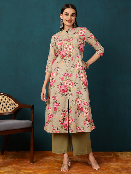 Cotton Flex  Calf length Length Floral  Straight 3/4 Sleeves V  Kurta