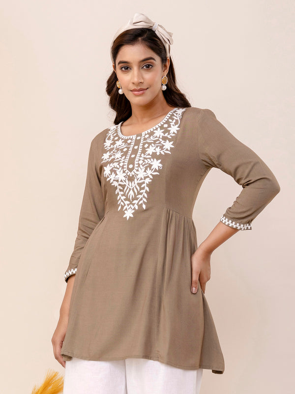 Grey Rayon Hip Length Solid Round Neck Solid Embroidered Straight Top