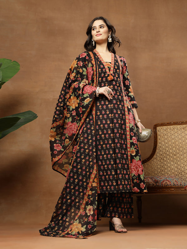 Cotton Calf Length Printed 3/4 Sleeves V-Neck Flared Kurta Suit Set