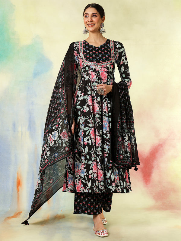 Black Pure Cotton Printed Embroidered Anarkali Kurta Suit Set