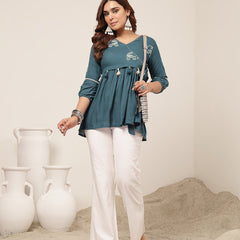 Rayon Hip Length Printed 3/4 Sleeve V-Neck Flared Top