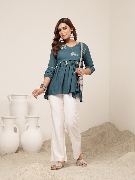Rayon Hip Length Printed 3/4 Sleeve V-Neck Flared Top
