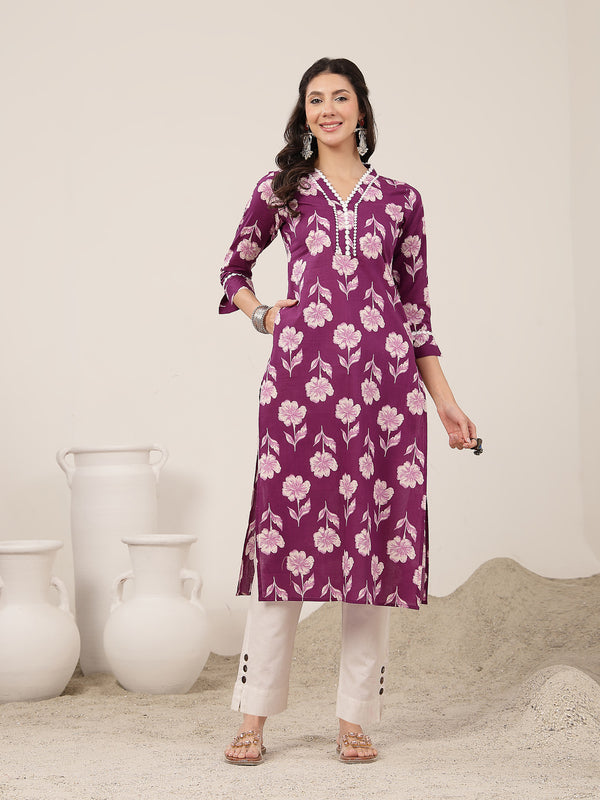 Gulmohar Jaipur Cotton Calf Length Printed 3/4 Sleeves V-Neck Anarkali Kurta Suit Set