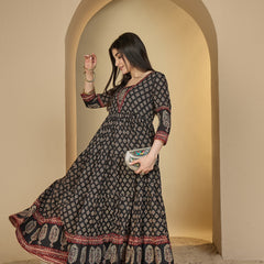 Gulmohar Jaipur Cotton Ankle Length Printed 3/4 Sleeves V-Neck Anarkali Kurta