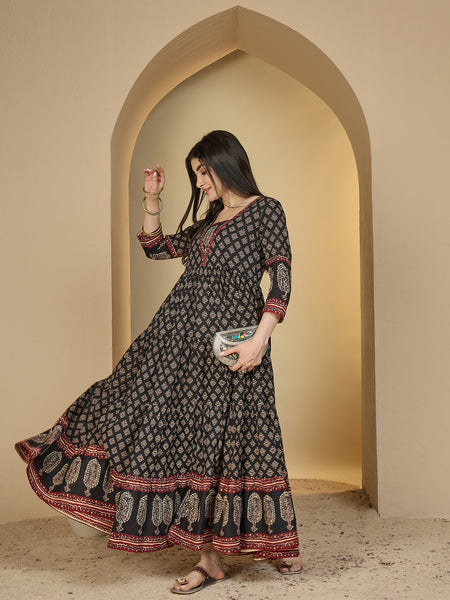 Gulmohar Jaipur Cotton Ankle Length Printed 3/4 Sleeves V-Neck Anarkali Kurta