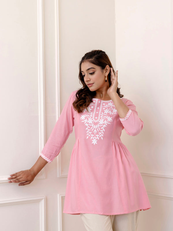 Light Pink Rayon Hip Length Solid Round Neck Solid Embroidered Straight Top